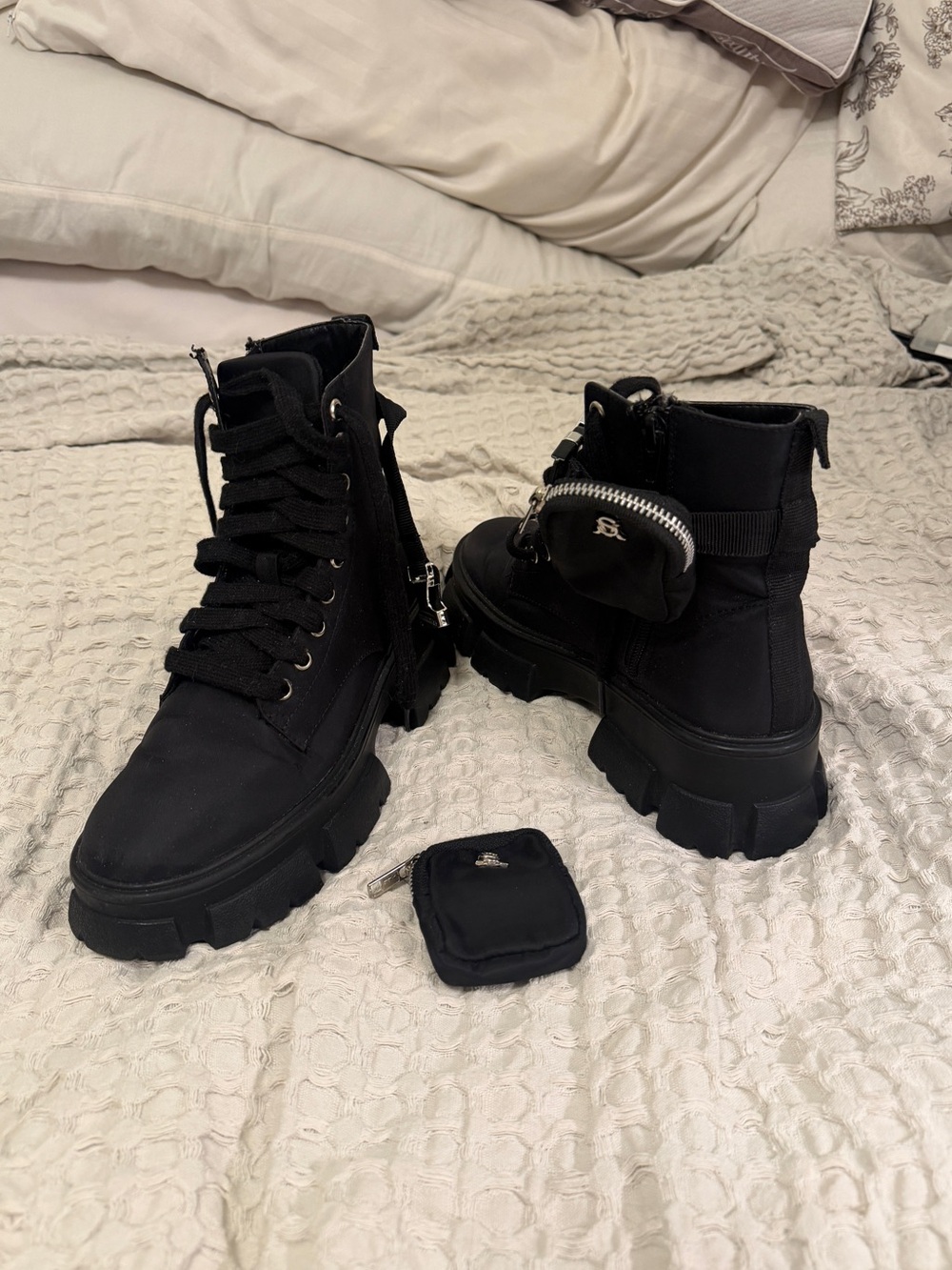 Steve Madden Black Combat Boots Size 7 Chunky Platform Utility Pocket Buckle